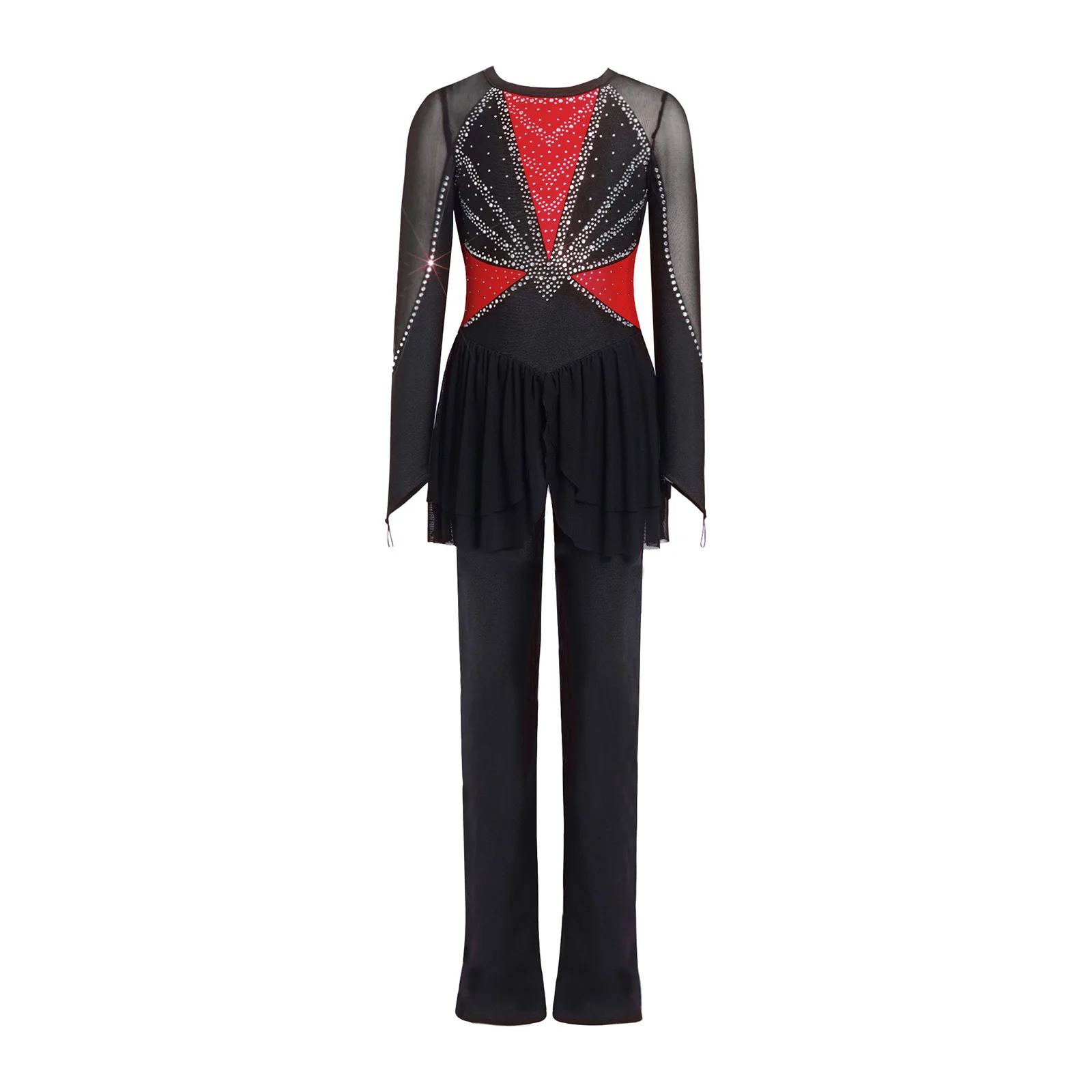 

Kids Girls Dance Lyrical Figure Skating Jumpsuits Dress Performance Costume Rhinestones Sheer Mesh Dance Rhythmic Leotards Dress