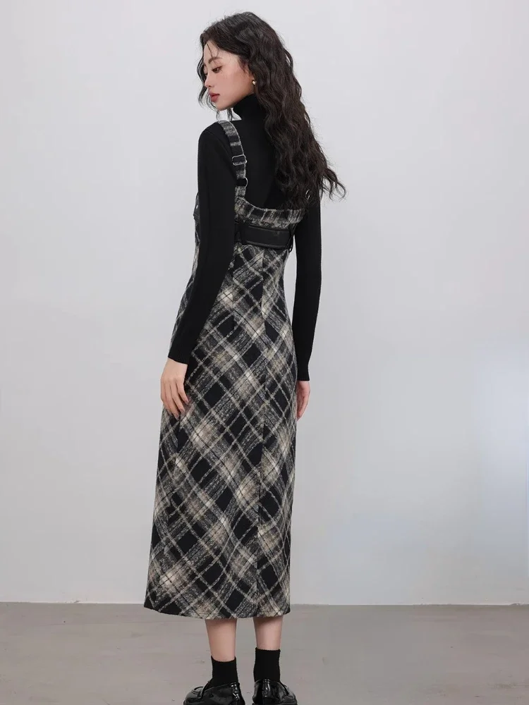 2023 Autumn Elegant Plaid 2 Piece Dress Set Women Casual Black Blouse + Vintage Slim Strap Dress Korean Fashion Dress Suits New