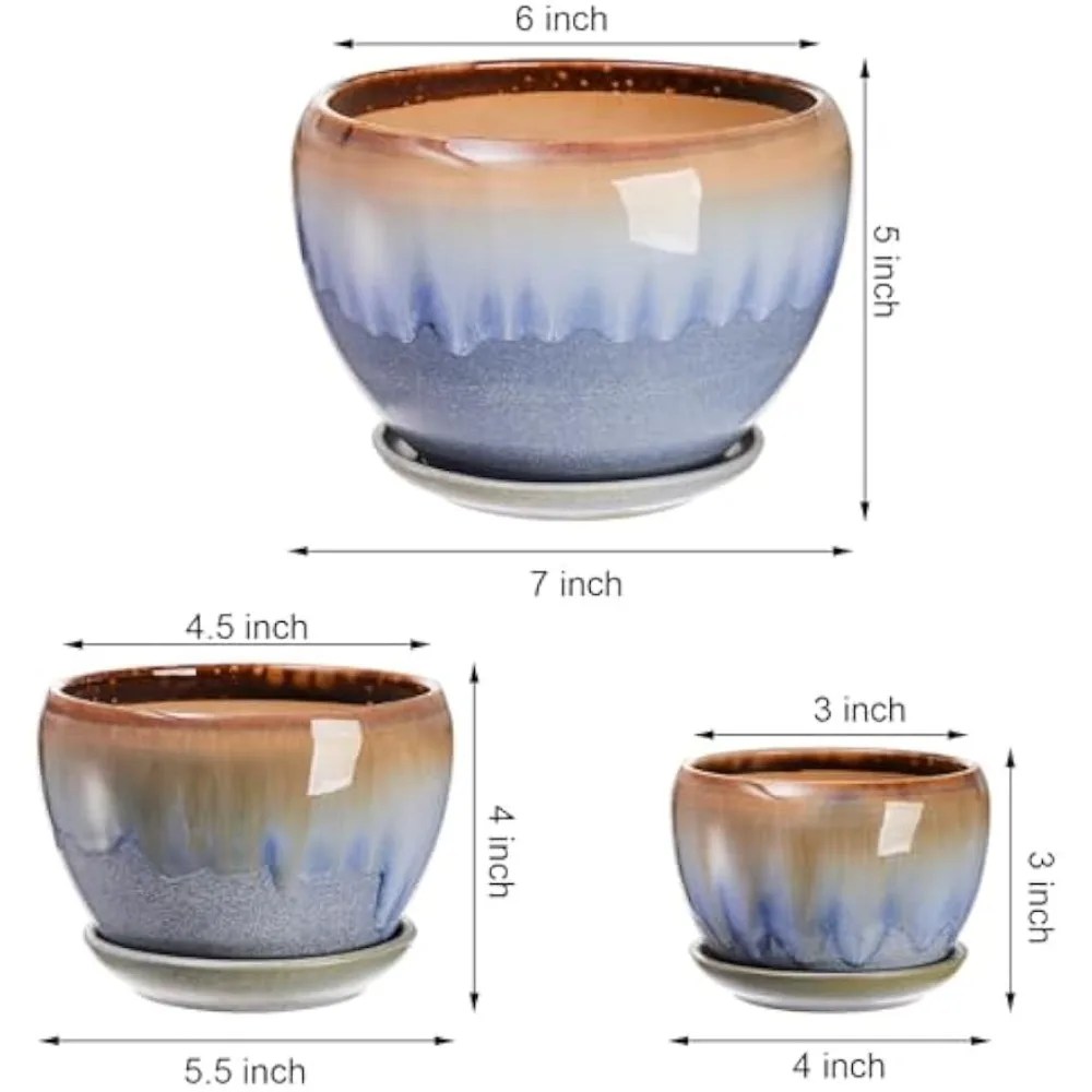 avla 3 pack ceramic plant pots, gardening drip glazed planters, decorative flower pot with drainage hole and saucer, round rusti