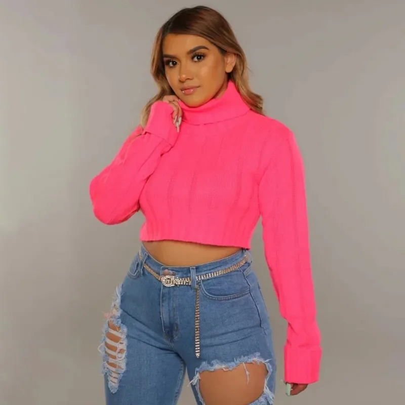 Neon Arancione Rosa Dolcevita Crop Maglione Donna 2023 Autunno Inverno Vestiti Rosa Rosso Pullover lavorato a maglia Maglione di colore solido Magliette e camicette