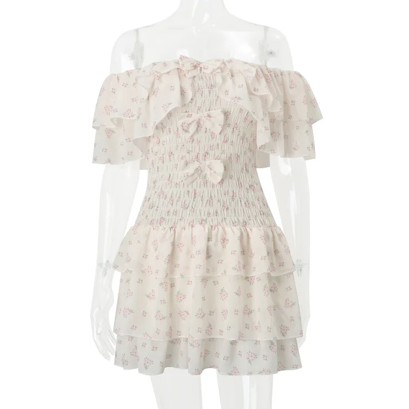 INSサマーファッション レディース セクシー オフショルダー ミニドレス プリント スイートボウ ショートドレス シルクケーキシャツ コケテル カジュアル Y2K服