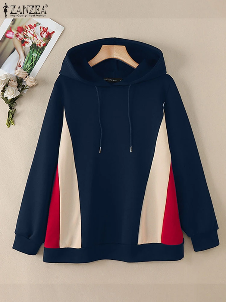 ZANZEA 2024 Casual Loose Hooded Sweatshirts Fashion Colorblock Hoodies Women Long Sleeve Pullovers Simple Commuting Jumpers