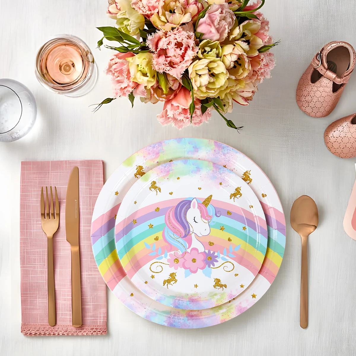 Regenbogen-Einhorn Einweggeschirr für die 1. Geburtstagsfeier – Einhorn-Motto-Dekorationen für Kinder, Hochzeiten, Babypartys und Mädchen-Partys – Detail 9