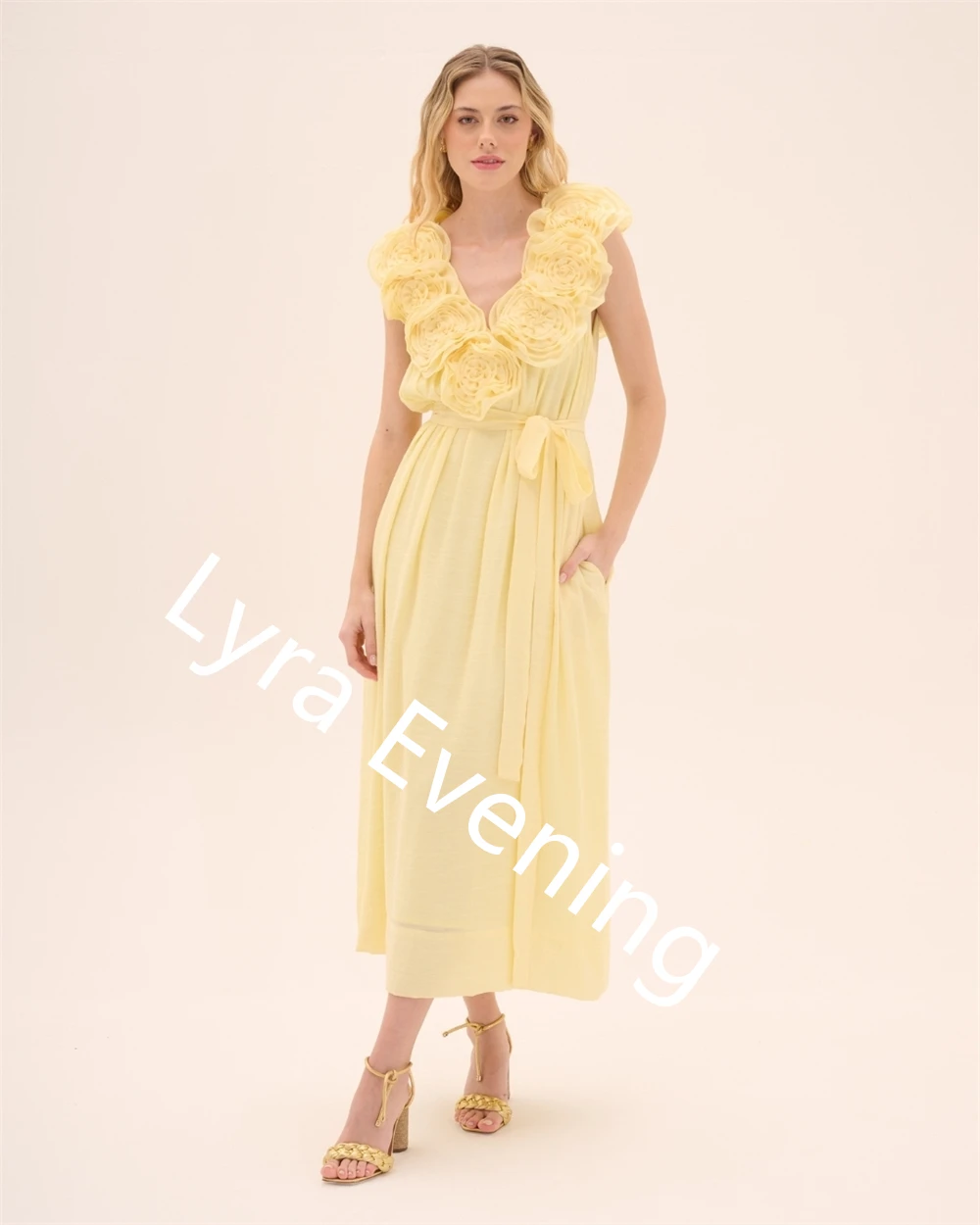 Vestido de noite de chiffon amarelo temperamento personalizado com decote em v sem mangas vestido de baile flores requintado