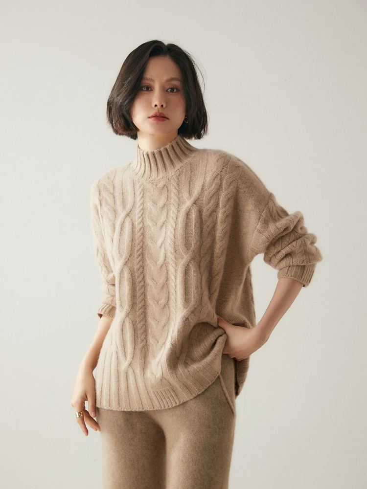 Heavyweight Women 100% Cashmere Sweater Cable Knitting Vintage Loose Style Pullover Cashmere Knitted Jersey Autumn Winter Tops