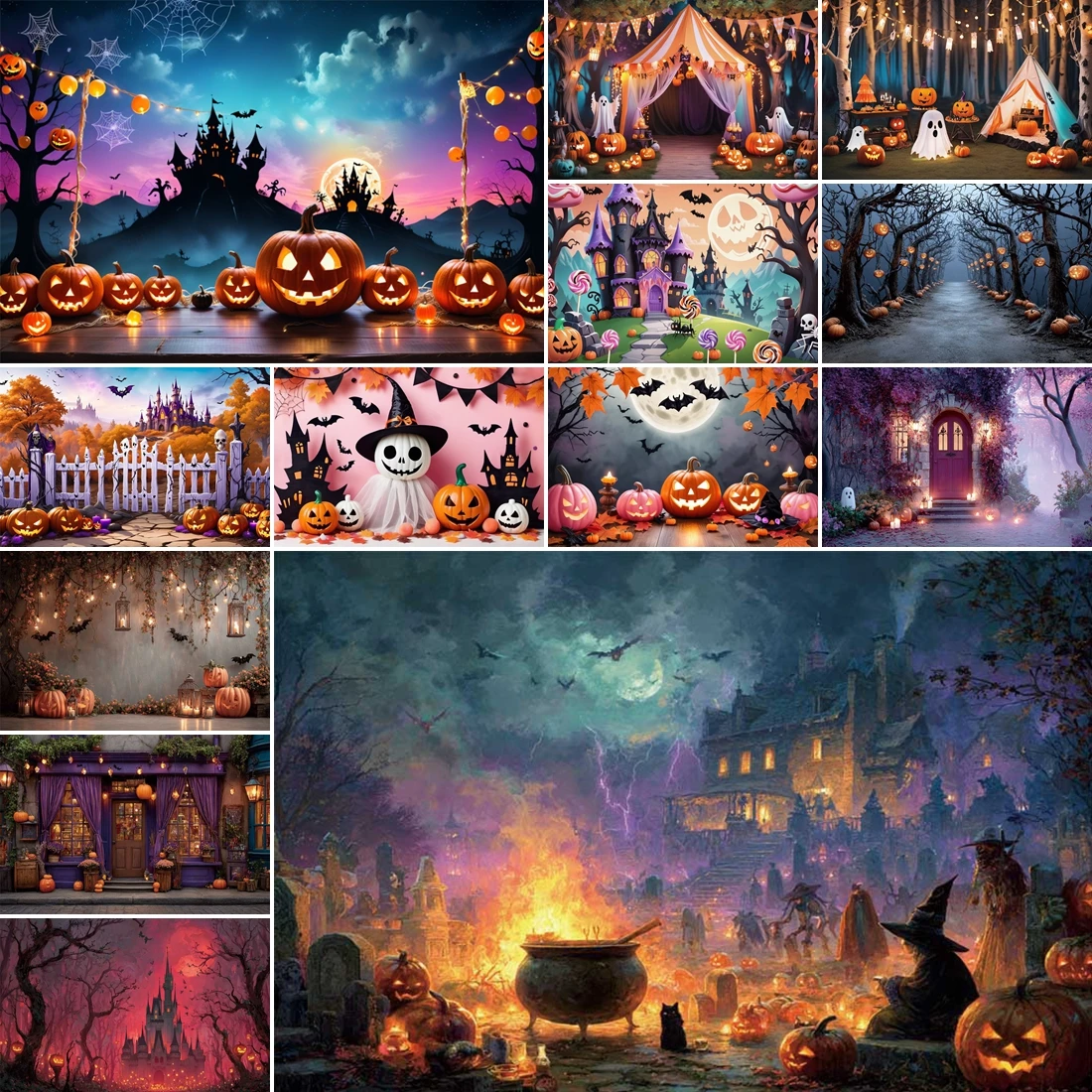 

MOON.QG Halloween Decoration Backdrop Ghost Castle Cemetery Lanterns Background Newborn Baby Kids Photo Studio Party Supplies
