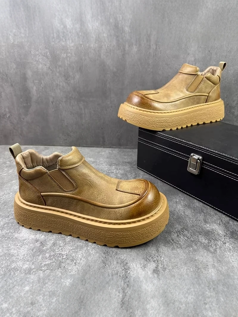 High-Top Men's Winter Chelsea  Boots Thick Bottom Heightening Leather Surface Retro Casual Shoes Youth Trend PU Material