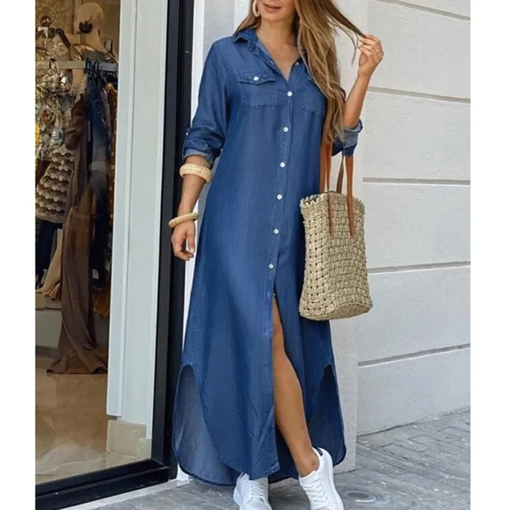 Women Shirt Dress Single Breasted Long Dresses Full Sleeve Turn Down Collar Solid Vestidos Shirts Pockets Split Casual 2025