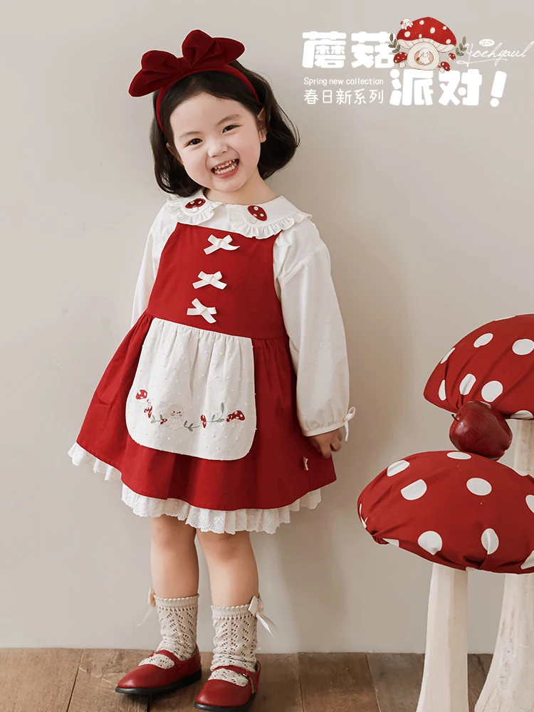 Spring New Girls Shirt Dress Mushroom Forest Imitation Handmade Embroidery Sweet Series