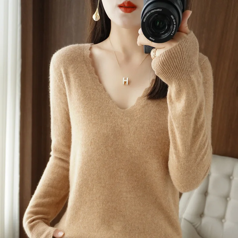 Women's Pullover Spring/Autumn Wool Sweater Casual Solid Color Knitwear Ladies' Clothes V-Neck Blouse Loose Tops