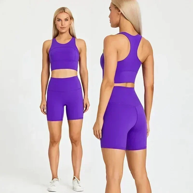 

Lemon Women 2 Piece Sports Set Exercise Biker Shorts 6" Exercise Running Fitness Back Waist Short Sports Gym Bra Workout Sets