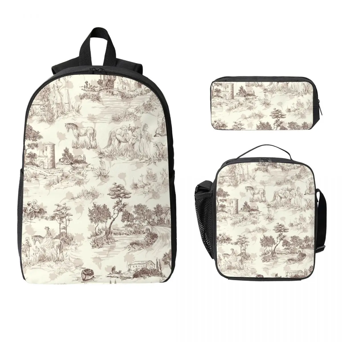 

Toile De Jouy Sepia Vintage Parisian Square Backpack Student Boys Girls BookBag School Bag 3ps Insulated Lunch Bag Pencil Case