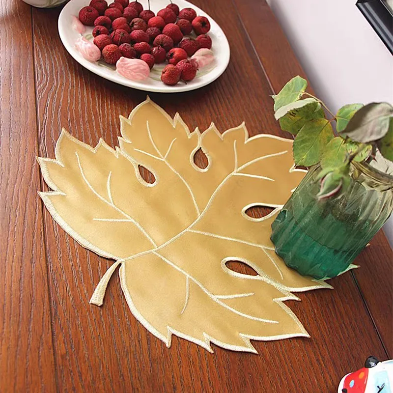 HOT satin gold leaf embroidery table place mat cloth Wedding Christmas party placemat kitchen Table decoration and accessories