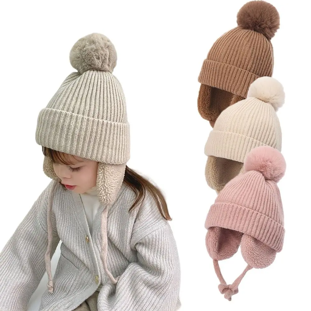 Children Winter Cap New Fashion Wool Windproof Warm EarFlaps Cotton Cute Knitted Cashmere Kids Hat With Pompoms 2-8 Year