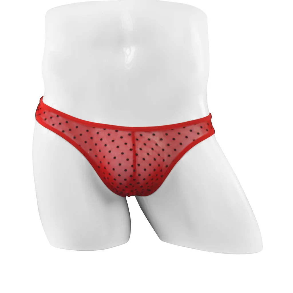 Men Erotic Bikini Polka Dot Flocking Mesh Breathable Thin Quick Dry T Back Thongs Gay Sexy Elastic Bulge Pouch Backless G-string