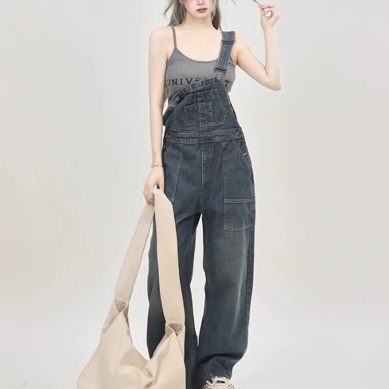 Cargo Jumpsuits Women Denim Chic American Vintage Washed Baggy Distressed Design Streetwear All-match Young Summer Schoolgirls