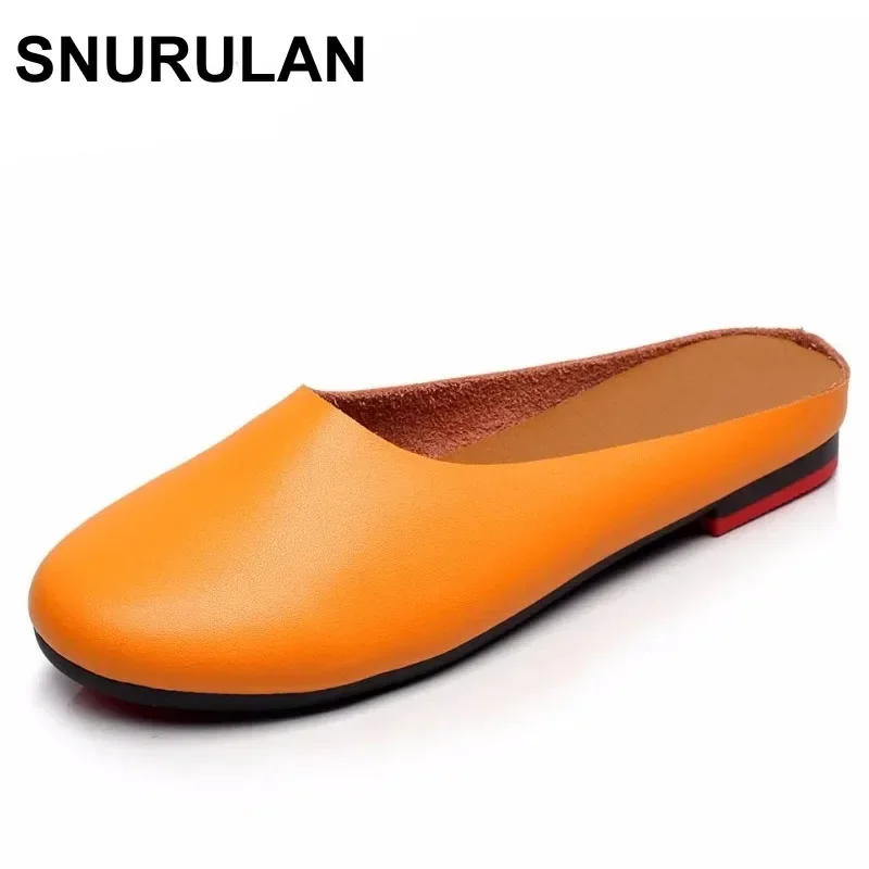 

SNURULAN new genuine leather flat heel female handmade slippers women's casual shoes slides summer plus size