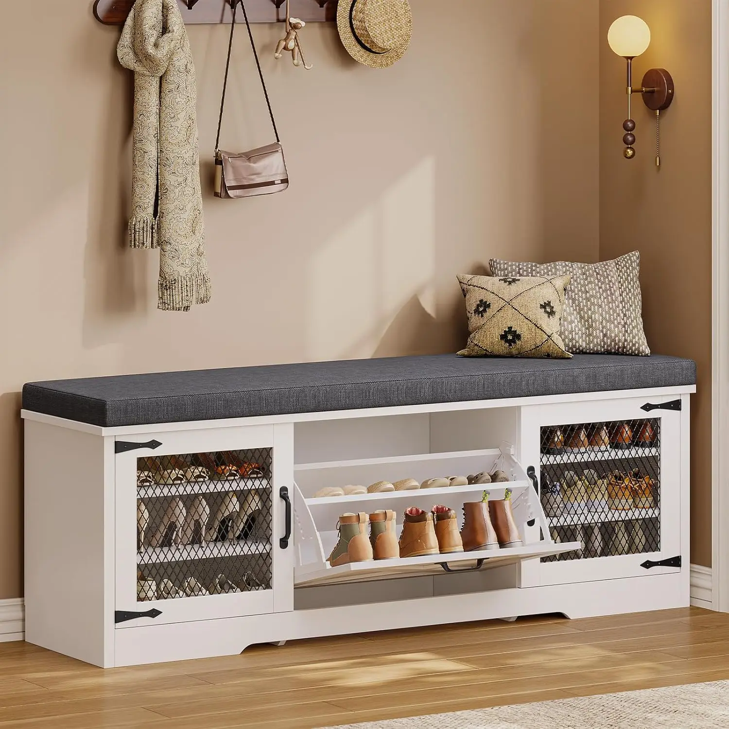 Farmhouse Storage Bench with Drawers, Padded Seat, Adjustable Shelf, White 57IN