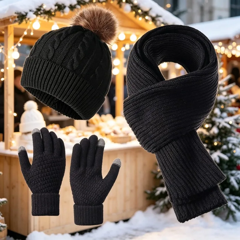 New Year's Gift Women's Pom Pom Knitted Hat Scarf Gloves Neck Warmer Accessories Autumn/Winter Daily Commuter