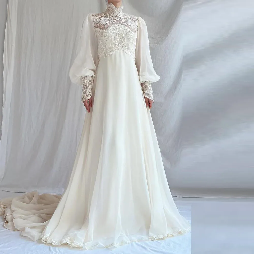 Maßgeschneidertes, exquisites Empire-Hochzeitskleid mit hohem Kragen und Laternenärmeln, Brautkleid aus elfenbeinfarbenem Chiffon in Übergröße, Vestidos de Novia