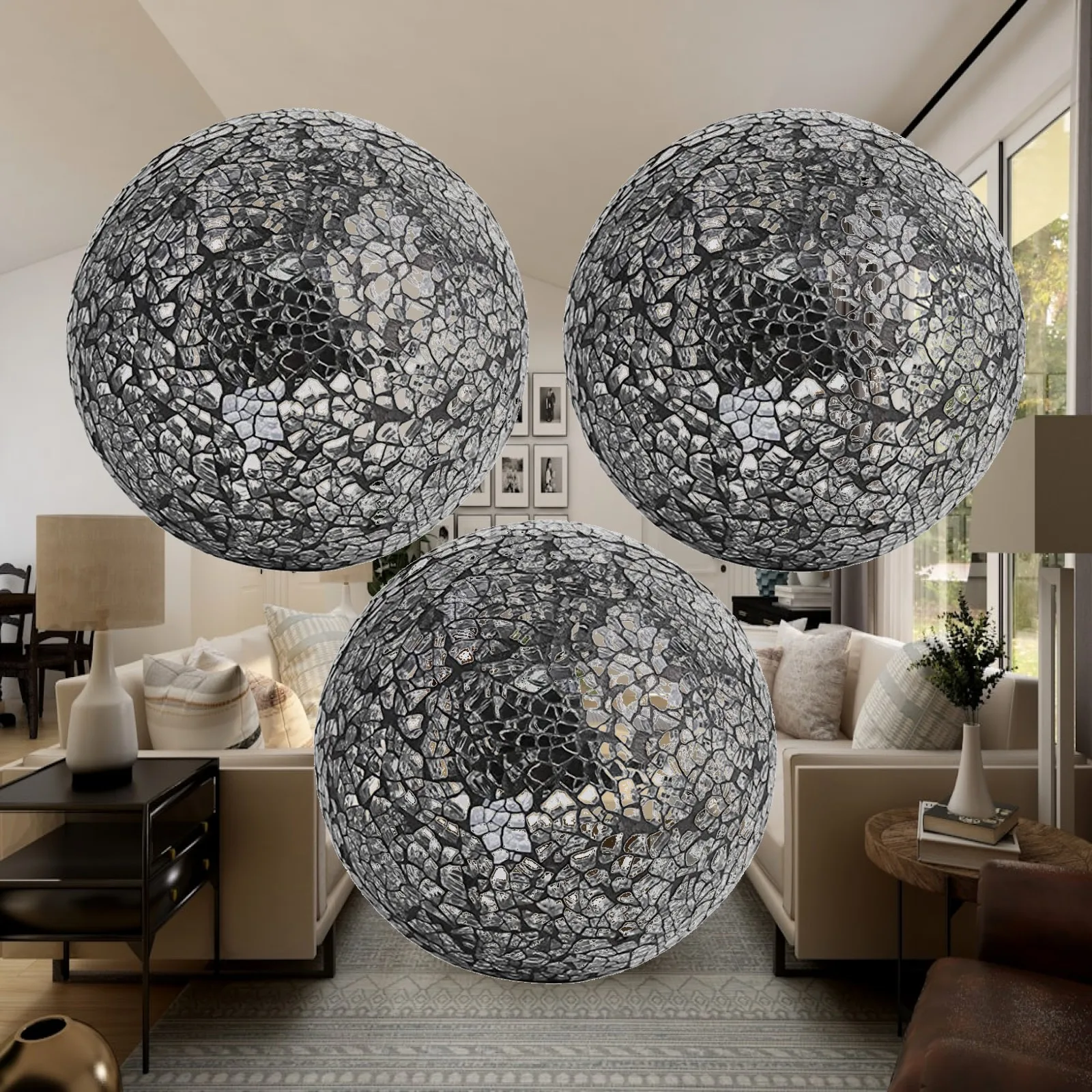 

Set of 3 Decorative Glass Mosaic Spheres, 3.9 Inch Diameter, for Bowls, Vases, Tray And Centerpiece.