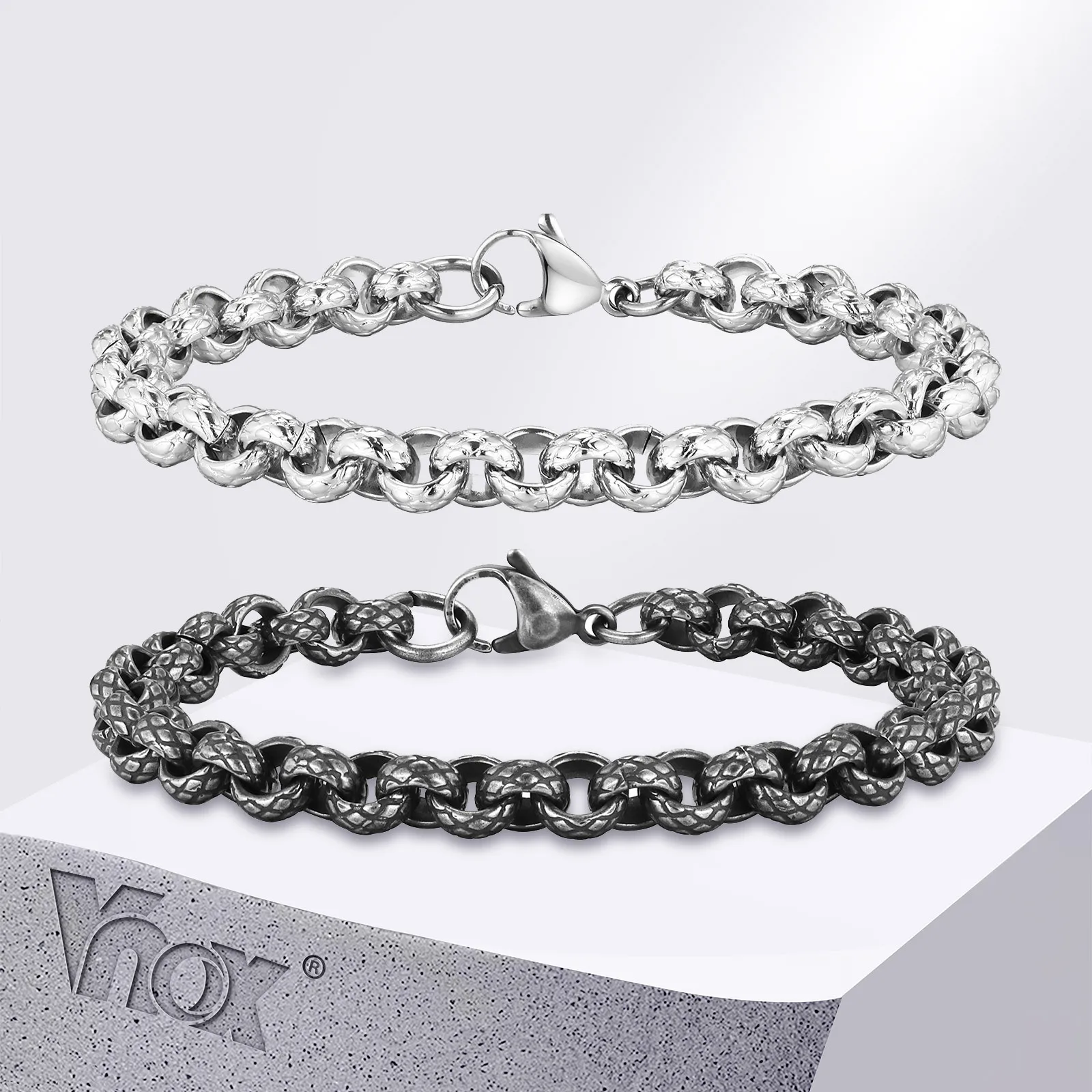 Vnox Punk Dragon Scales Rolo Chain Bracelets For Men Teens Boys, Snake Textured Stainless Steel Links Wristband Jewelry Gift