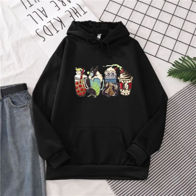 Funny Villains Coffee Hoodies Womens Anime Hip Hop Loose Sweatshirts Fleece Warm Soft Hooded Street Casual Harajuku Hoodie