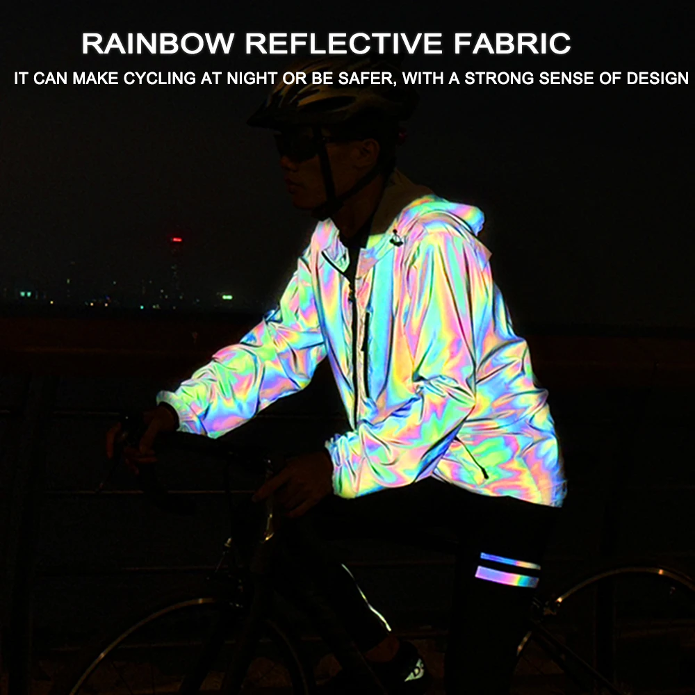 WOSAWE Men's Cycling Jacket Full Reflective Running Safety Jackets MTB Road Bike Jersey Windproof Waterproof Rainbow Hooded Coat