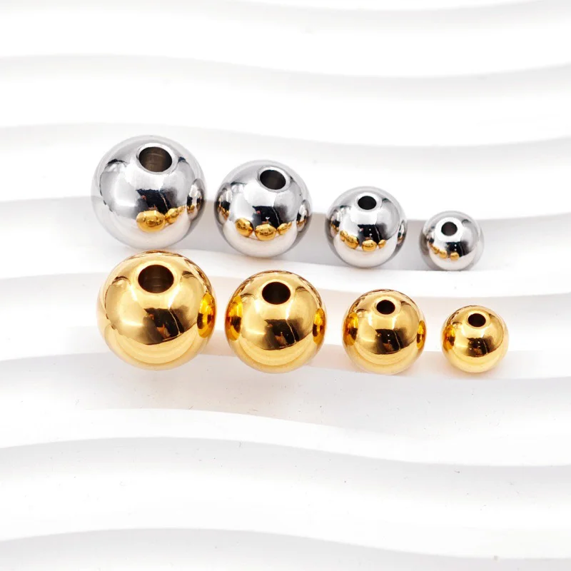 30pcs Stainless Steel 6 8 10 12 14mm Round Ball Spacer Beads DIY for Bracelet Necklace Making Findings PVD Coating Gold Color