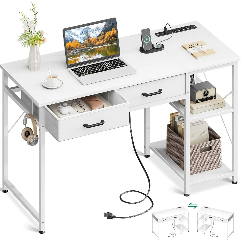 

Laptop Desk, 40 Inch Small Computer Desk With Drawers & Power Outlet for Bedroom, Home Office With Storage Shelves, Reversible