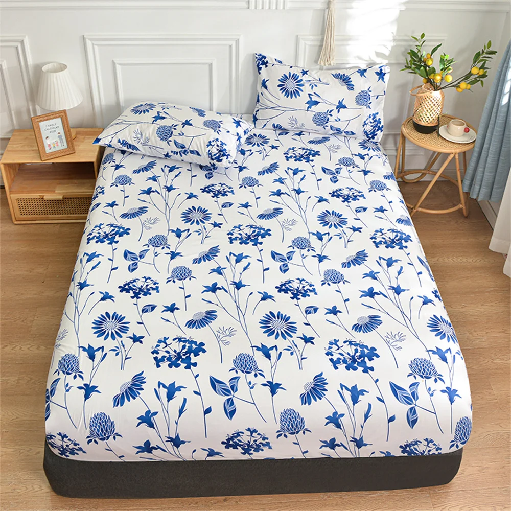 Sábana ajustable doble con elástico, funda de cama con estampado de flores azules, ropa de cama individual/Queen/King, funda de colchón con estampado reactivo 180