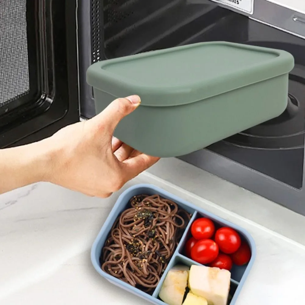 3 Compartments Silicone Lunch Box Rectangular Microwavable Food Container Heat Resistant Lunch Container Student