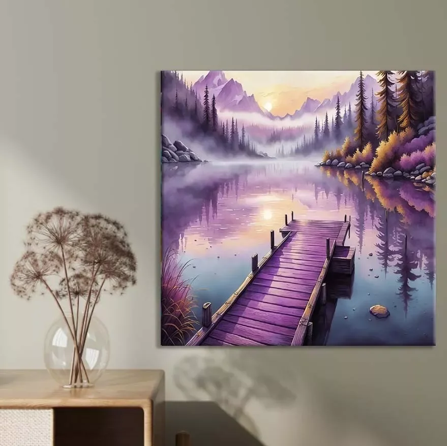 Lakeside purple pier canvas painting print, art poster mural high quality home decor for bedroom, hallway, unframed