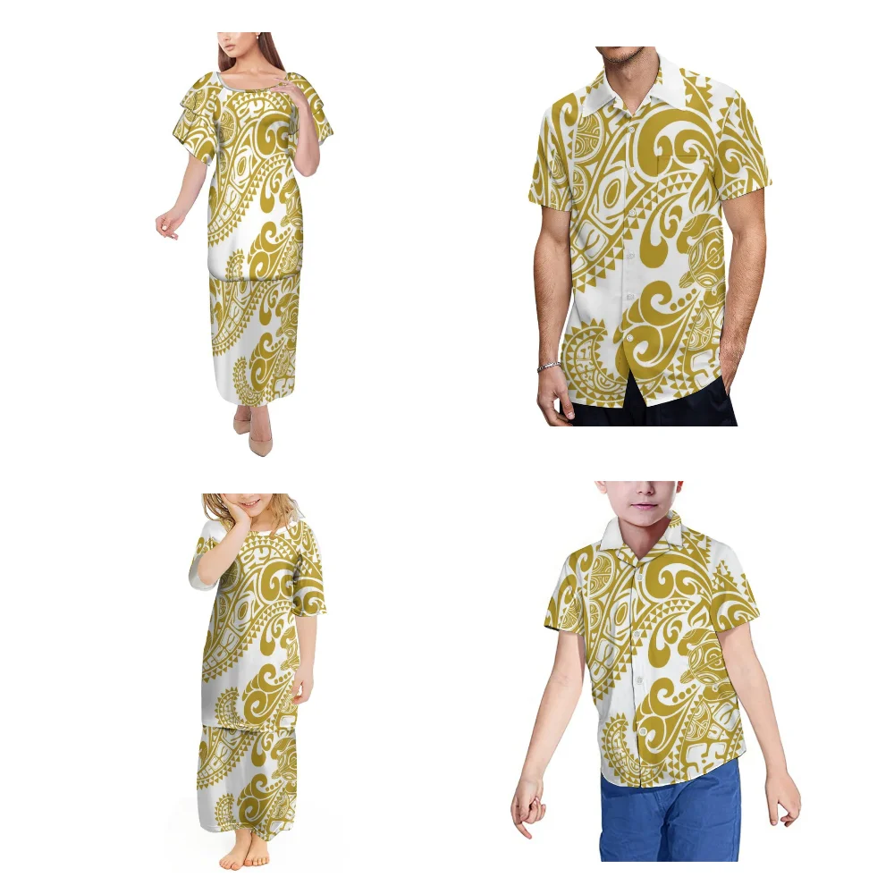 Abbigliamento per la famiglia personalizzato in stile tribale polinesiano Set per le vacanze da viaggio Abito Puletasi per madre-figlia Camicia casual per padre e figlio