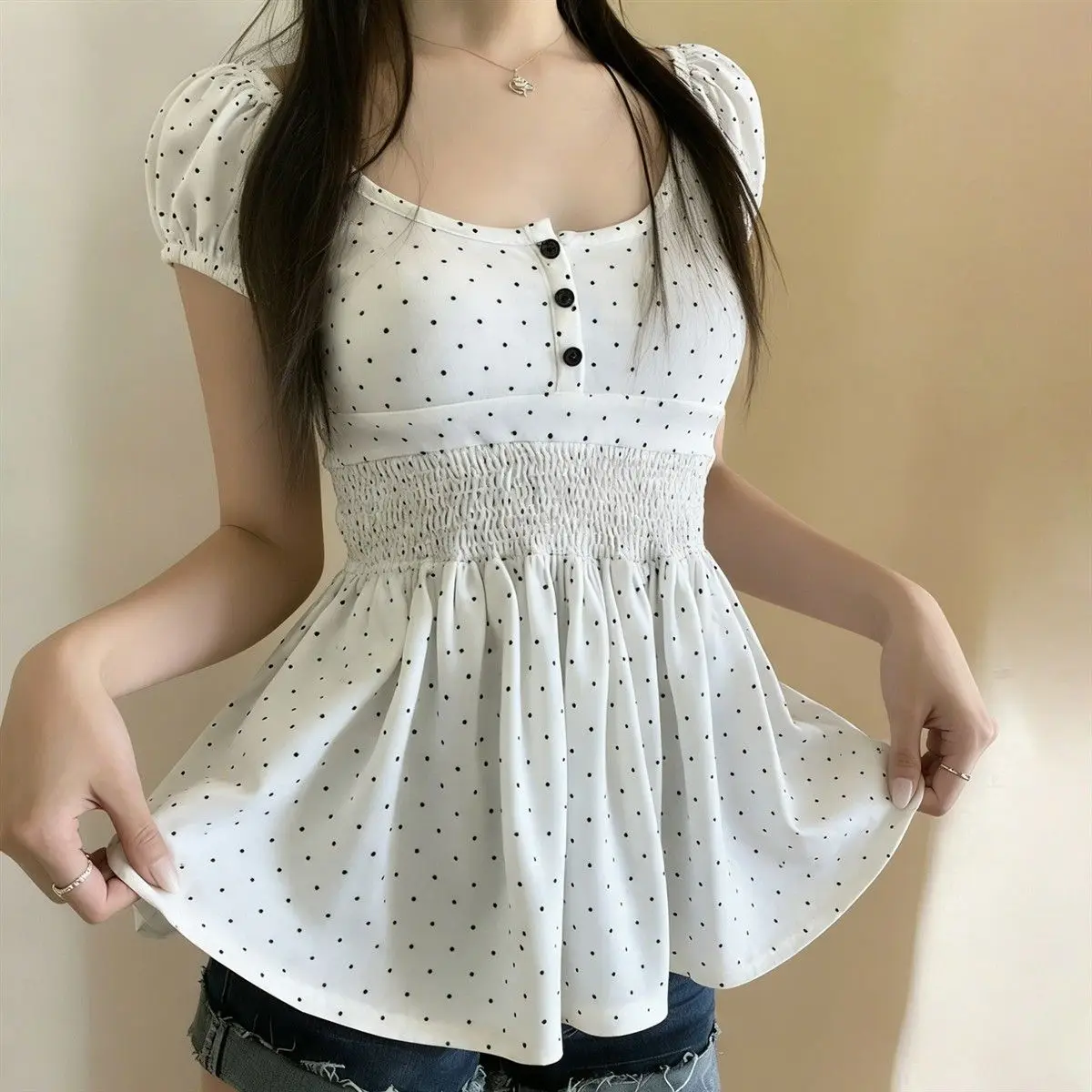 

Girls Polka Dot Round Neck Breasted Bubble Sleeve Top Waist A-word T-shirt