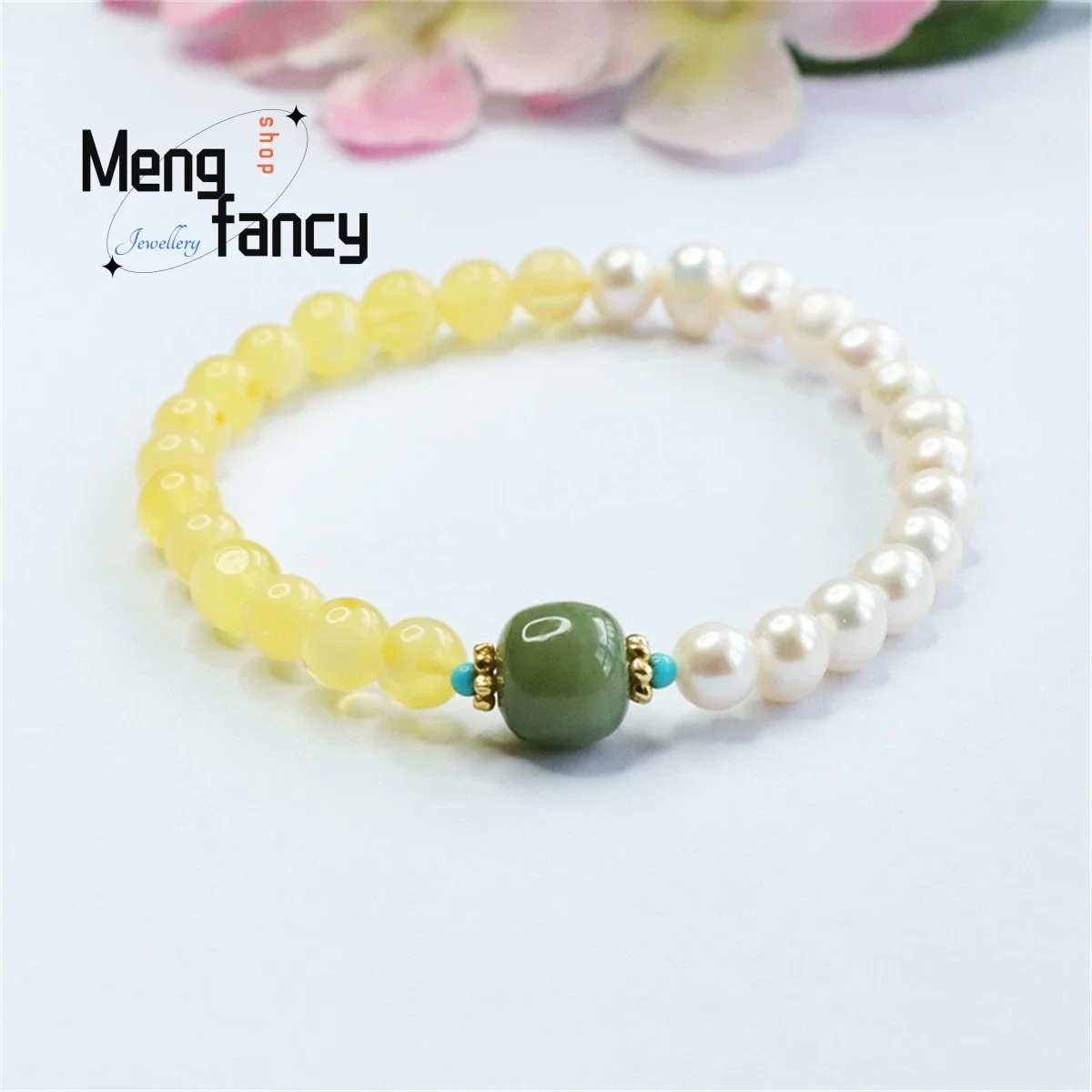 

Natural Honey Wax Chicken Oil Yellow Amber Pearl Hotan Jade Old Style Beaded Bracelet Simple Fashion Luxury Women Fine Jewelry