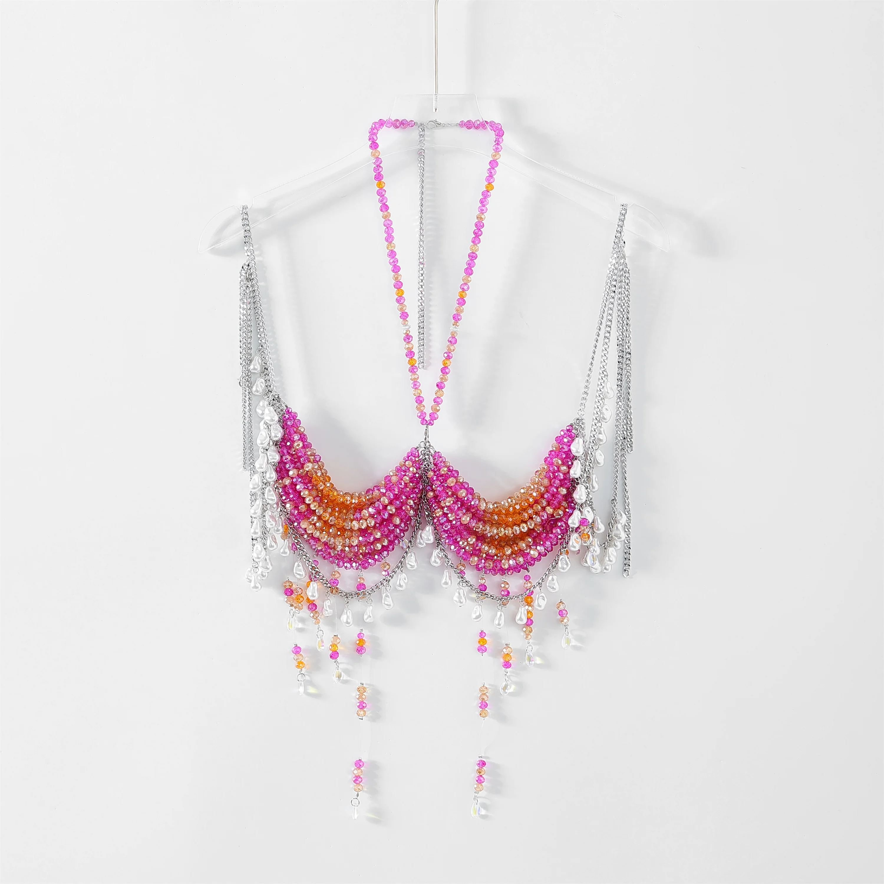 

New Color Handmade Bead Top With Beaded Bra Hollow Neck Hanging Vest, Sexy And Colorful Bead Strapless Bikini Top, Beach Party