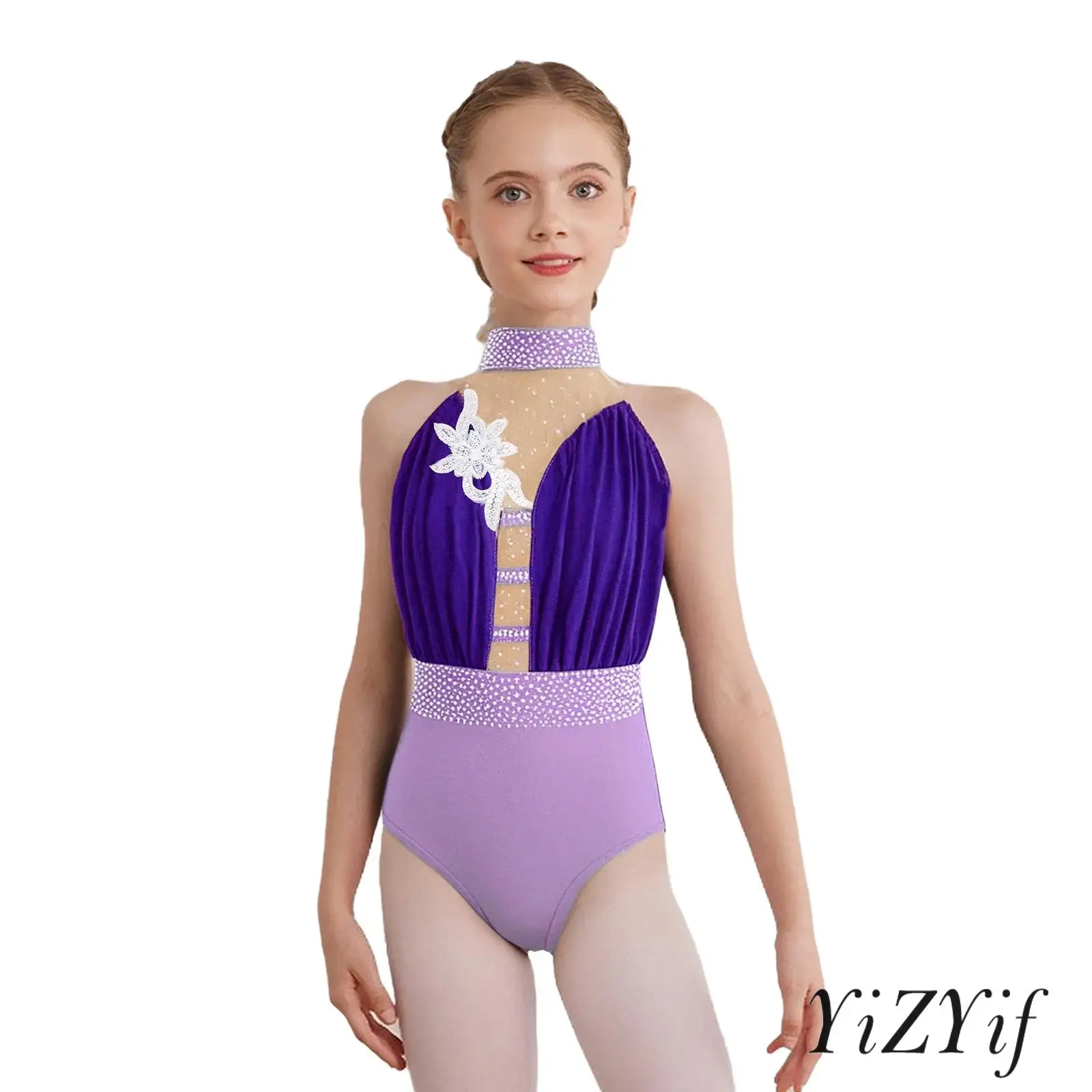 

Kids Girls Figure Skating Gymnastics Dance Leotard Sleeveless Keyhole Back Sheer Mesh Patchwork Applique Rhinestones Bodysuit