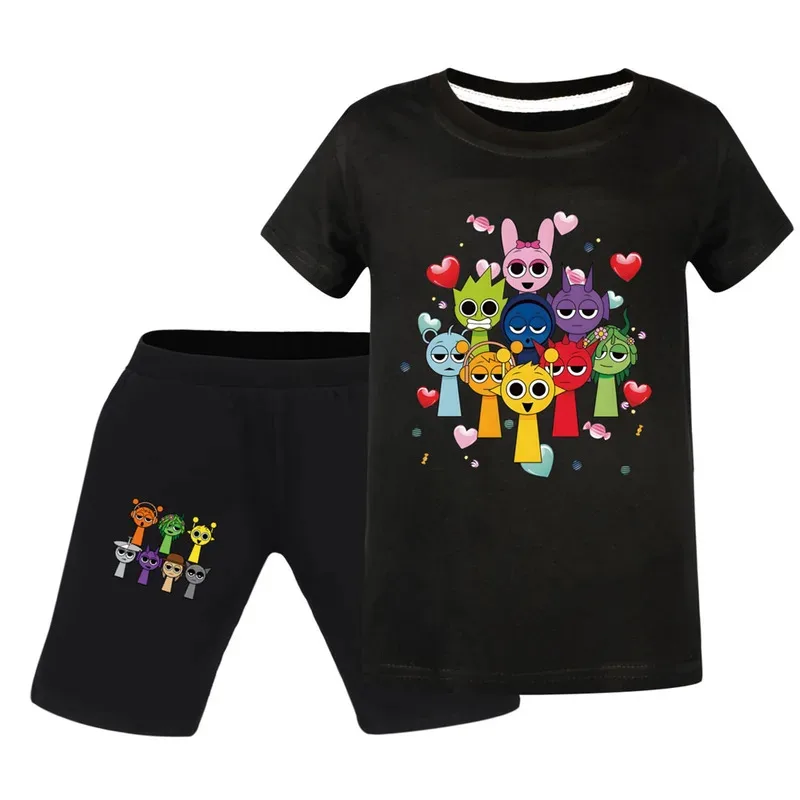 

Детская черная футболка с короткими рукавами Sprunki, брюки в стиле аниме, пуловер с принтом на день рождения, летние повседневные хлопковые топы с героями мультфильмов, подарок