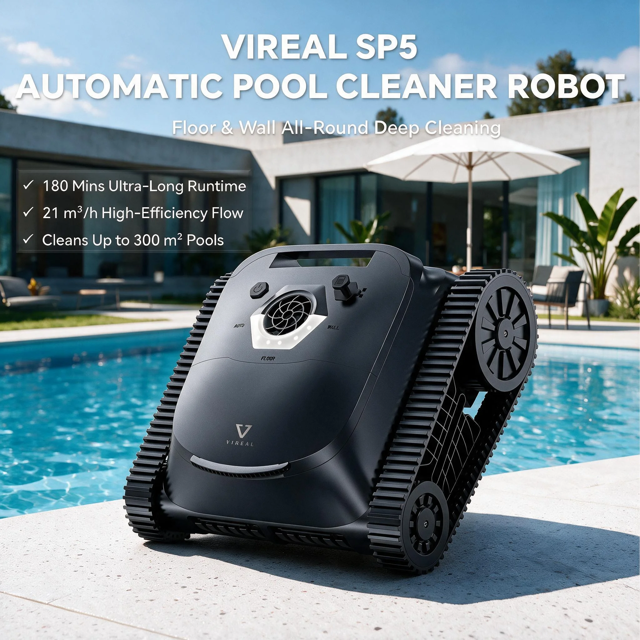 VIREAL SP5 Roboter-Poolreiniger, Schwimmbad-Reinigungsroboter, Wandkletterfähig, Geeignet für Wände und Böden von 300 Quadratmetern