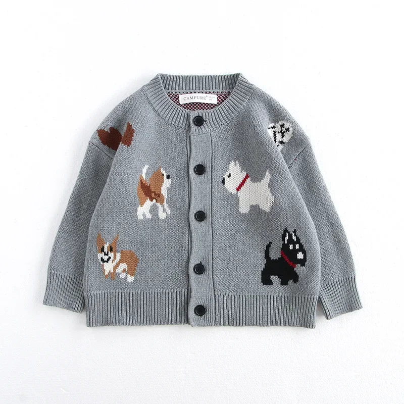 Spring Children's Sweater Jacket 1-8 Y Jacquard Cute Dog Boys Single Breasted Buckle Cardigan Top Girls Knitted Sweater