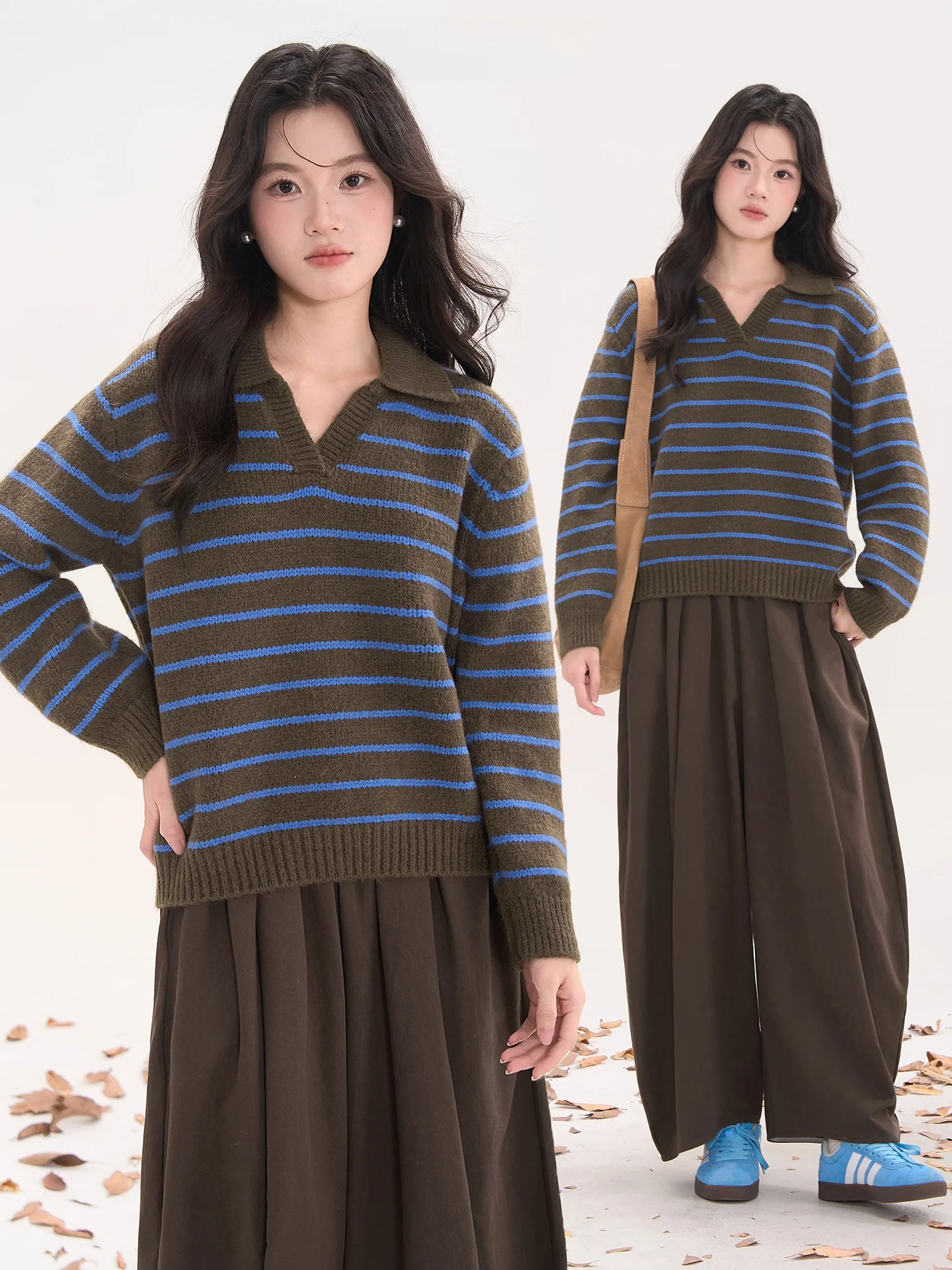 

Heme Knitted Sweater Women's Overhead Stripe Collar Color Blo Sweet Sle Loose Fit Autumn Top Chinese Brand