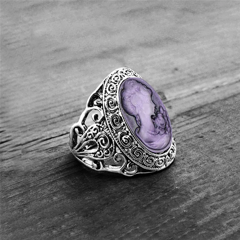 6 Colors Vintage Oval Purple Lady Queen Cameo Sets For Women Antqiue Silver Plated Cameo Necklace Stud Earring Ring Jewelry Set