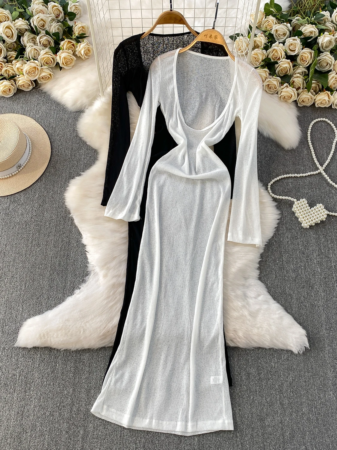 

Sexy Thin Knitted Long Dr with Bell Sves And Large U-Ne for Women Autumn High Waist A-Line Dr Casual Wear