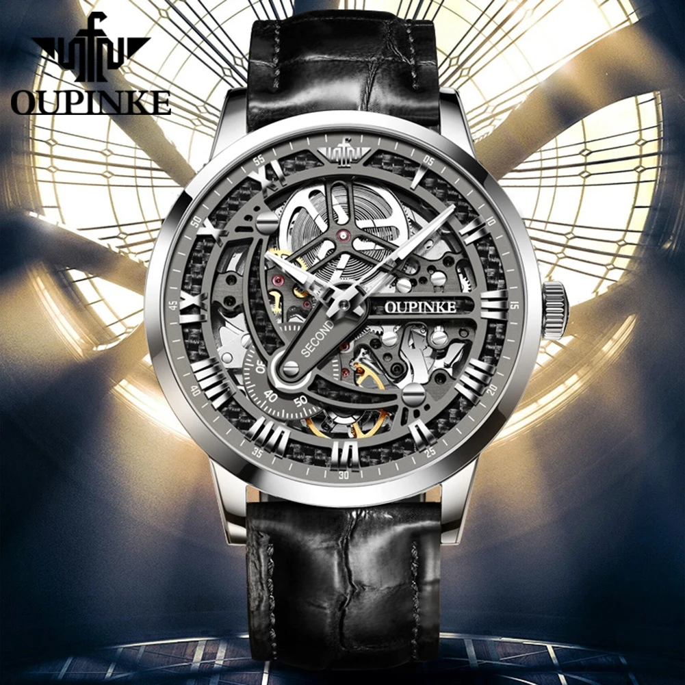 

OUPINKE 3173 Luxury Automatic Mechanical Men's Watch Leather Strap 50M Waterproof Luminous Sapphire Mirror Men's Watch