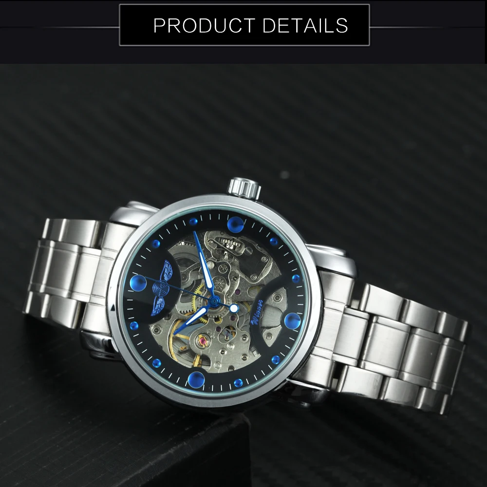 Fashion Winner Top Brand Blue Ocean Casual Designer Stainless Steel Skeleton Watch Men Mens Watches Luxury Automatic Clock Gift