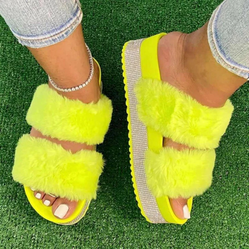 Women Fur Slippers Rhinestone Platform Flat Heel Thick Sole Light Colors Luxury Celebrities Summer Slides Sandals Ladies Shoes