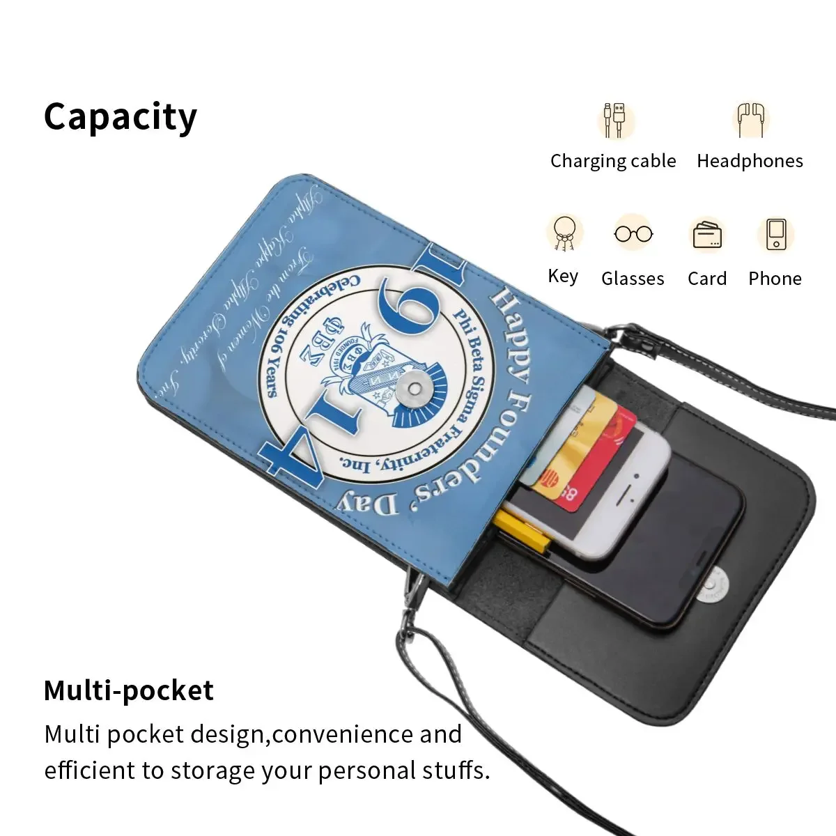 فاي بيتا سيجما PBS الأخوة Crossbody المحفظة حقيبة الهاتف الخليوي حقيبة الكتف محفظة الهاتف الخليوي حزام قابل للتعديل