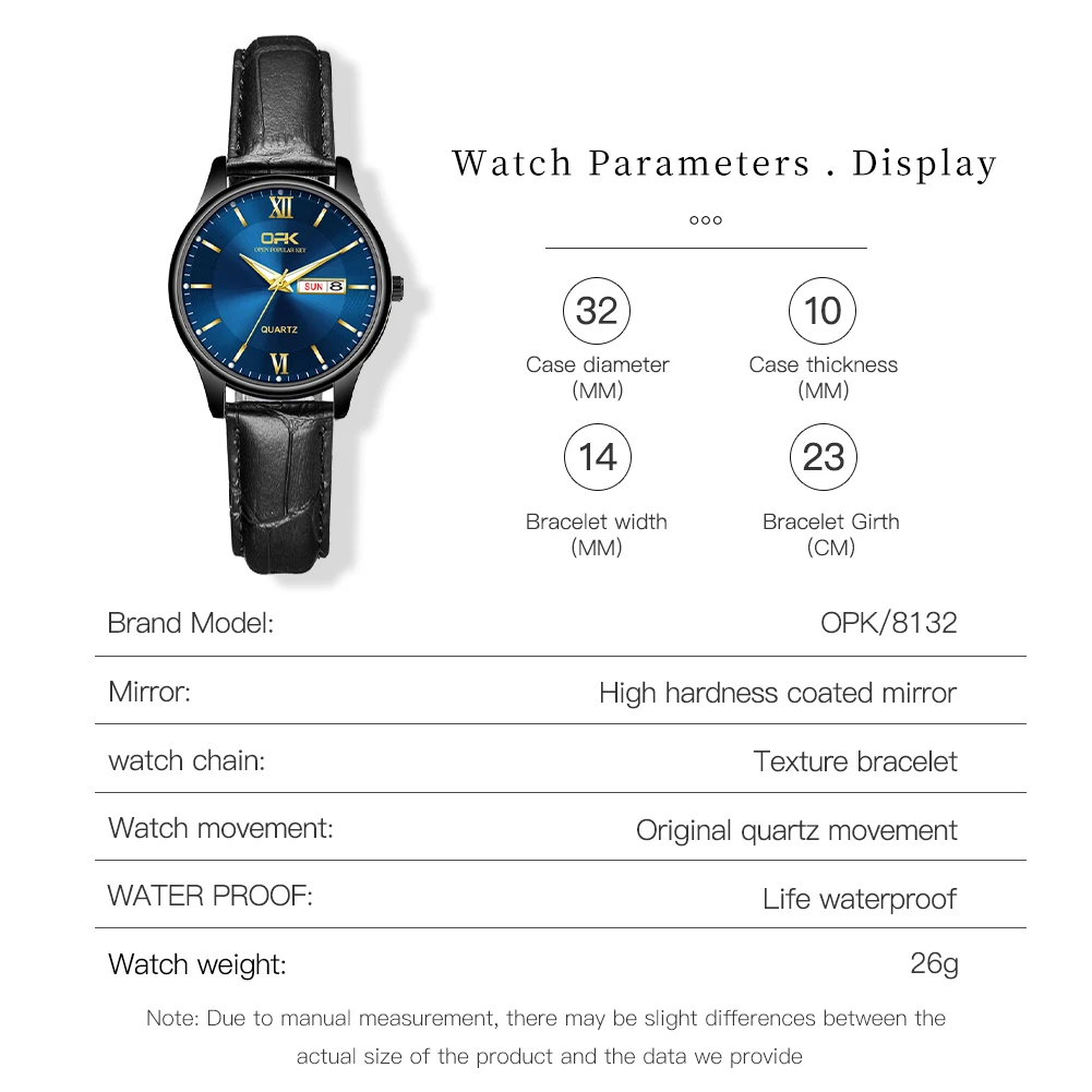 ساعة مضيئة بسيطة للرجال OPK ، حزام العلامة التجارية ، تقويم مزدوج ، زوجين ،