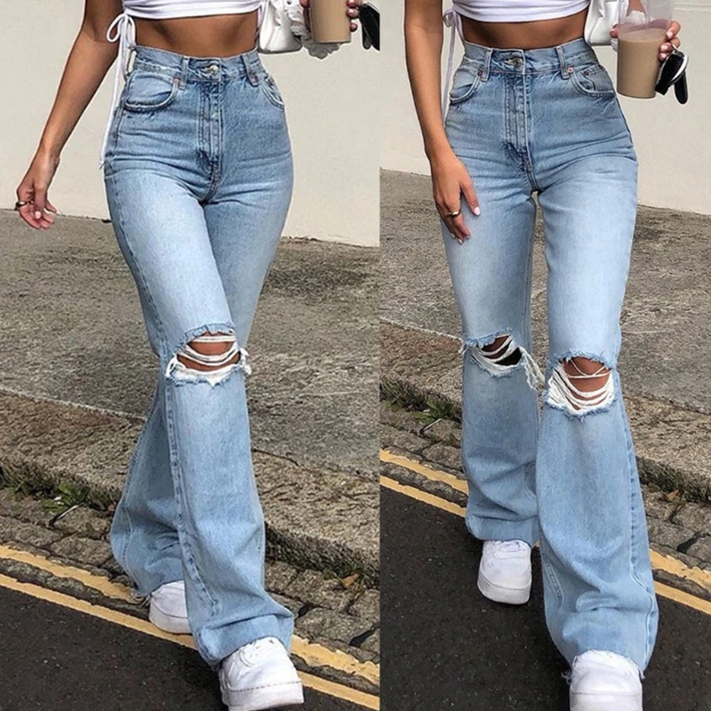 

Women Vintage Ripped Flare Bottom Jeans High Waisted Wide Leg for Raw Hem Pants Casual Fitting Trousers with